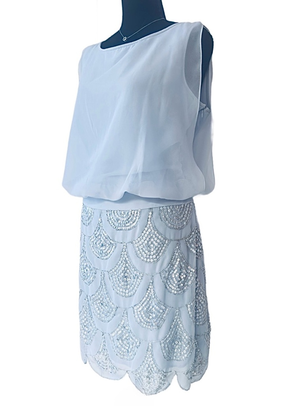 BESTY ADAM ~ Light Blue Dress w/Sequin Scallop Hemline and Chiffon Flowy Top